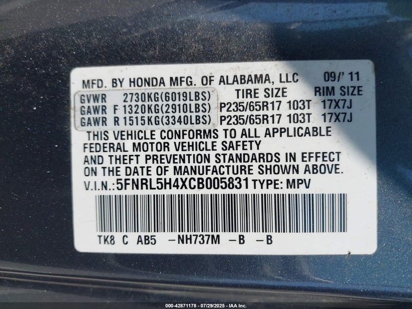 2012 Honda Odyssey Ex VIN: 5FNRL5H4XCB005831 Lot: 42871178