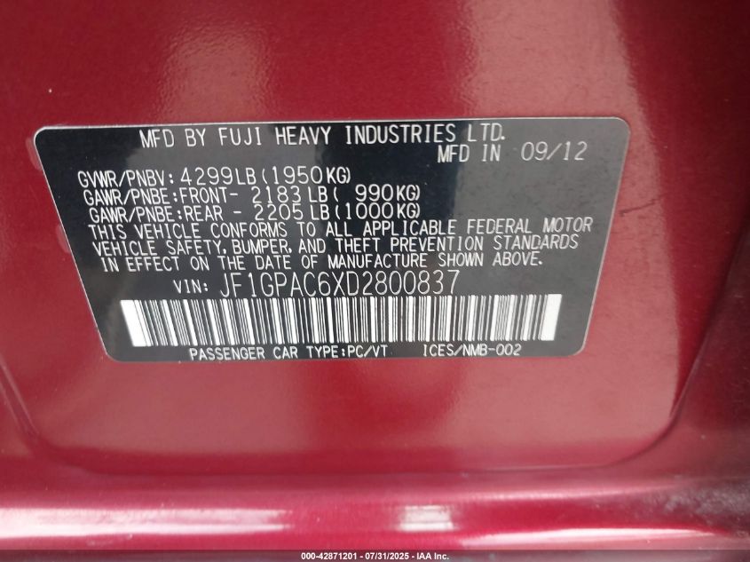 2013 Subaru Impreza 2.0I Premium VIN: JF1GPAC6XD2800837 Lot: 42871201