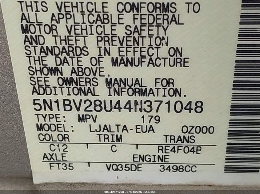 2004 Nissan Quest 3.5 Sl VIN: 5N1BV28U44N371048 Lot: 42871208