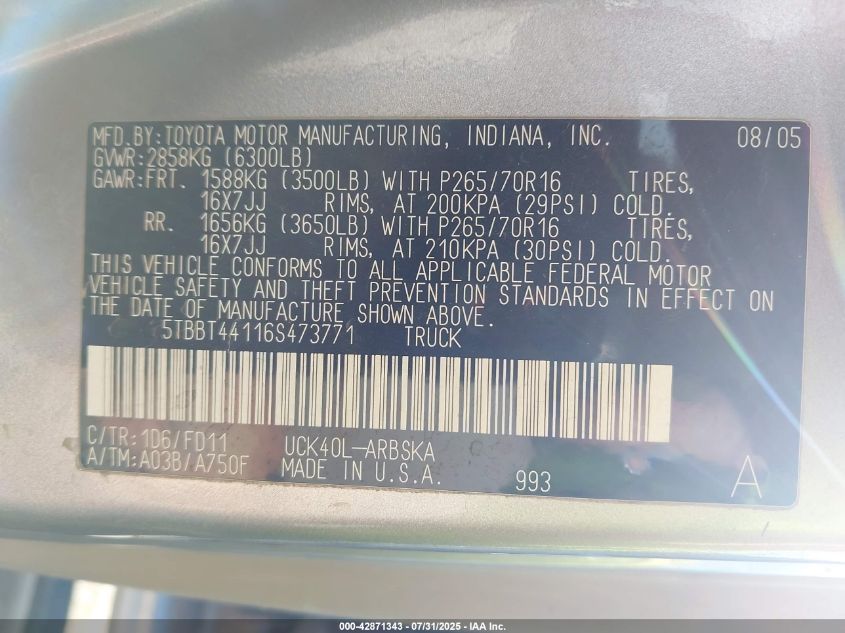 2006 Toyota Tundra Sr5 V8 VIN: 5TBBT44116S473771 Lot: 42871343