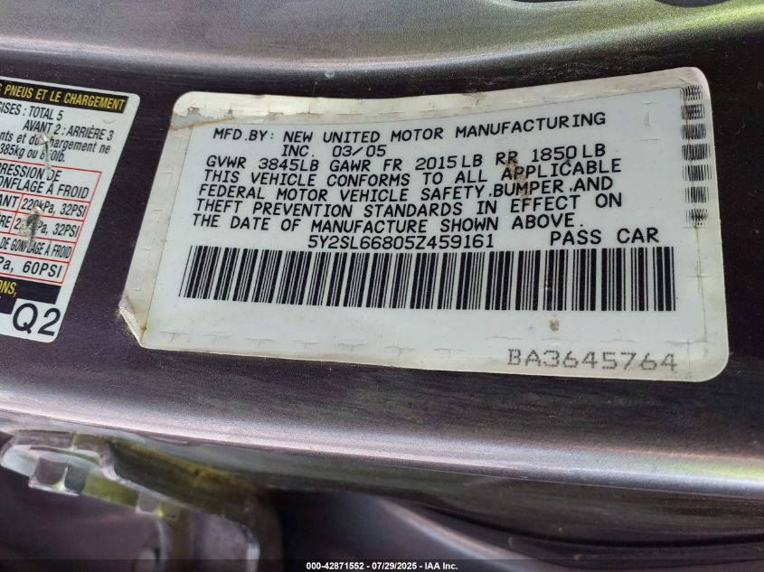 2005 Pontiac Vibe VIN: 5Y2SL66805Z459161 Lot: 42871552