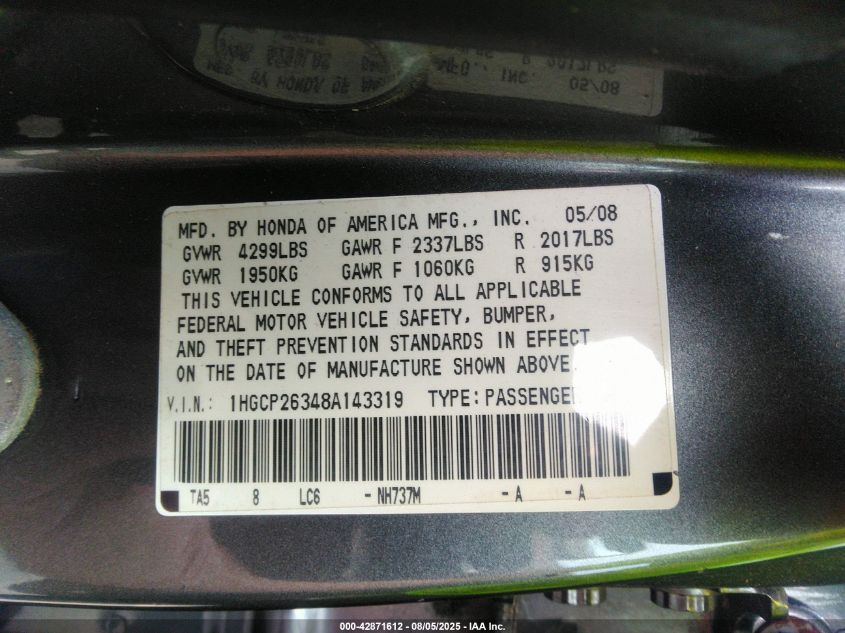 2008 Honda Accord 2.4 Lx VIN: 1HGCP26348A143319 Lot: 42871612