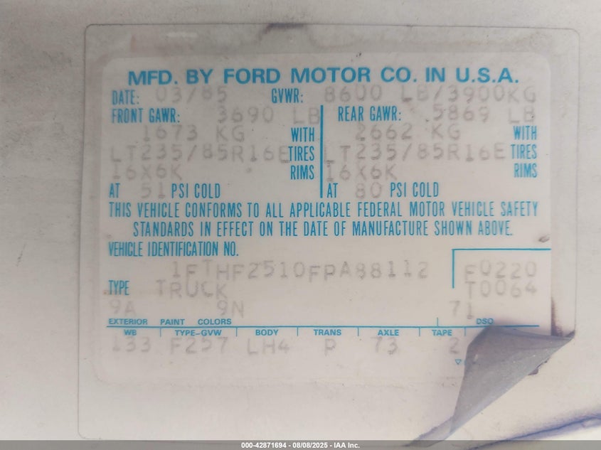 1985 Ford F250 VIN: 1FTHF2510FPA88112 Lot: 42871694
