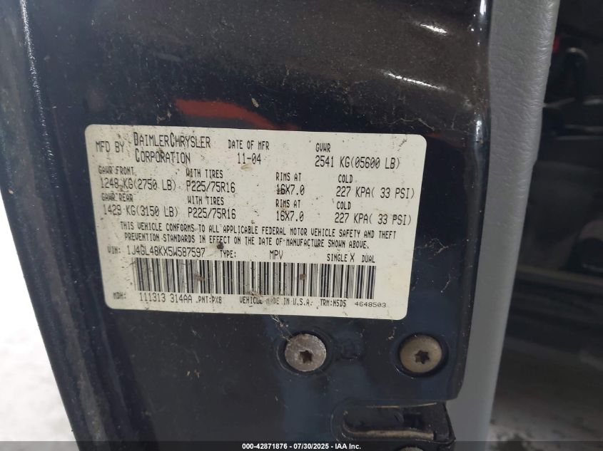 2005 Jeep Liberty Sport VIN: 1J4GL48KX5W587597 Lot: 42871876