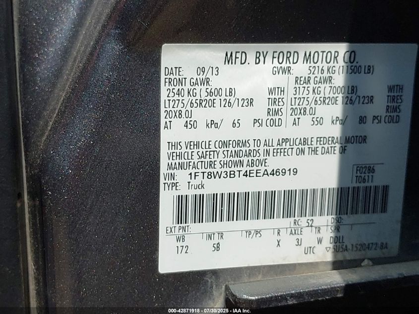 2014 Ford F-350 Lariat VIN: 1FT8W3BT4EEA46919 Lot: 42871918