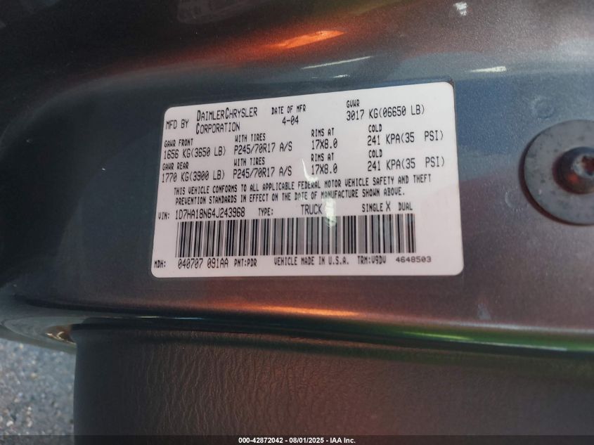 2004 Dodge Ram 1500 Slt/Laramie VIN: 1D7HA18N64J243968 Lot: 42872042