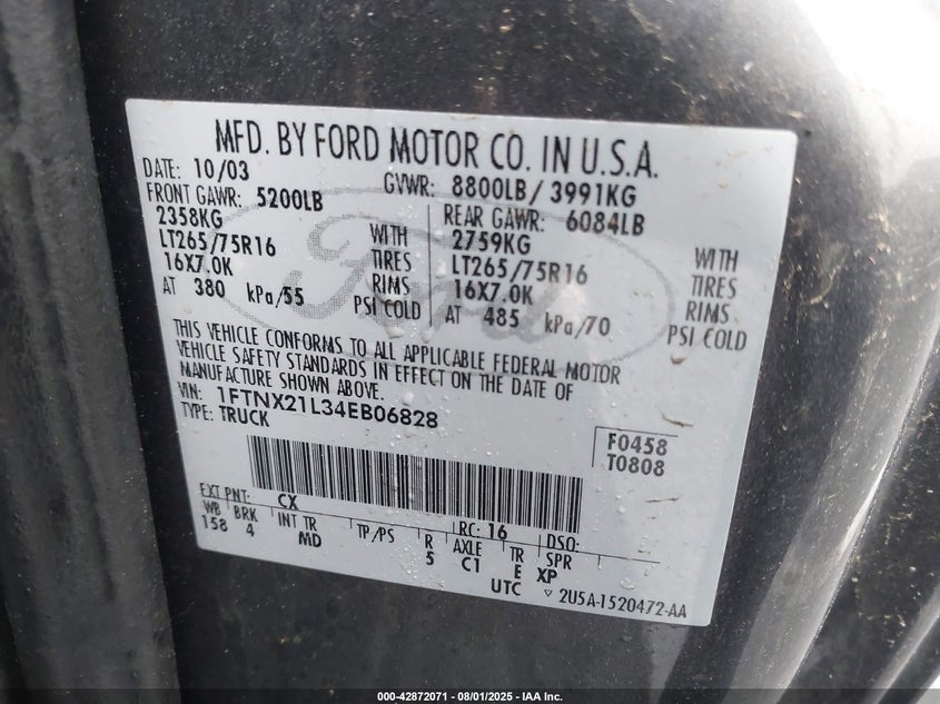 2004 Ford F-250 Lariat/Xl/Xlt VIN: 1FTNX21L34EB06828 Lot: 42872071