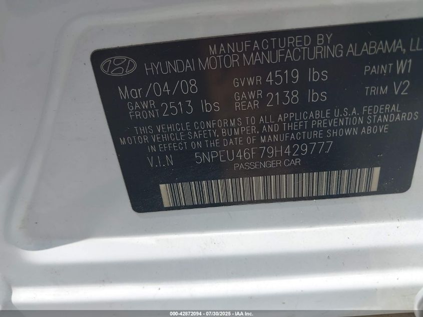 2009 Hyundai Sonata Limited V6 VIN: 5NPEU46F79H429777 Lot: 42872094