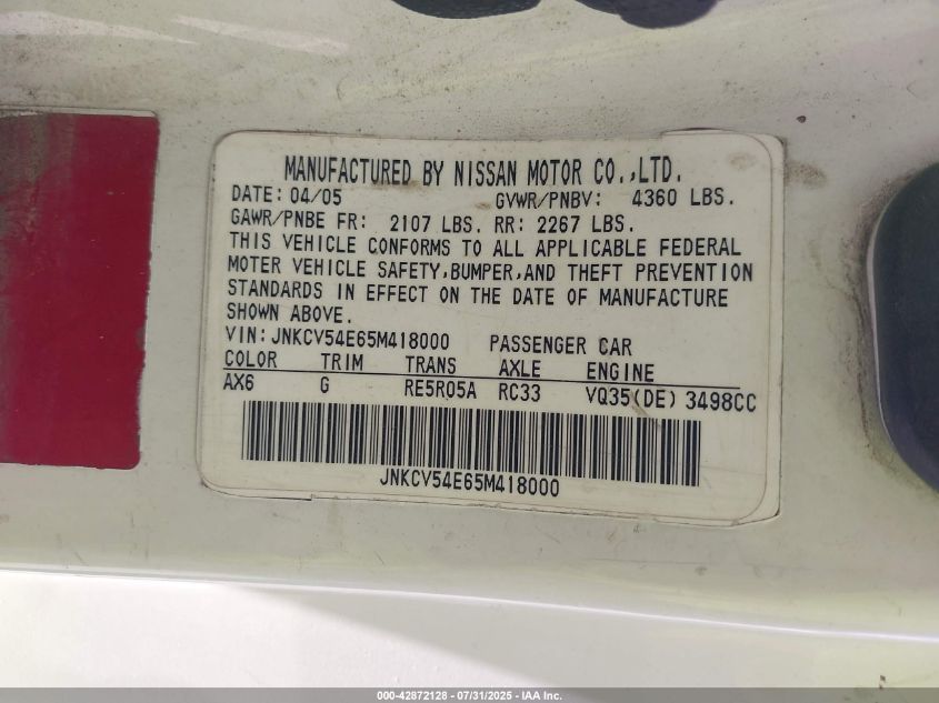 2005 Infiniti G35 VIN: JNKCV54E65M418000 Lot: 42872128