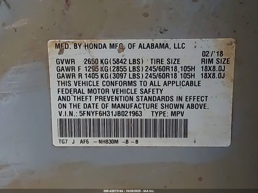 2018 Honda Pilot Ex VIN: 5FNYF6H31JB021963 Lot: 42872144