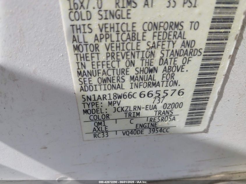 2006 Nissan Pathfinder Le/Se/Xe VIN: 5N1AR18W66C665576 Lot: 42872290