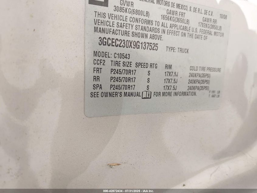 2009 Chevrolet Silverado 1500 Lt VIN: 3GCEC230X9G137525 Lot: 42872434