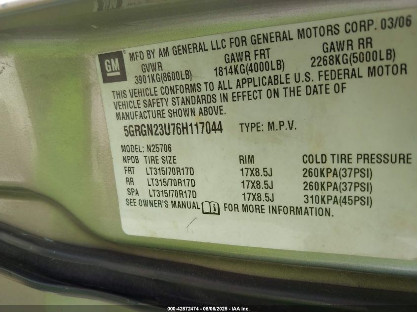 2006 Hummer H2 Suv VIN: 5GRGN23U76H117044 Lot: 42872474