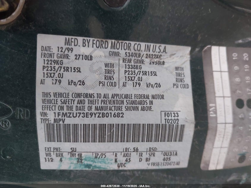 1FMZU73E9YZB01682 2000 FORD EXPLORER photo no. 9