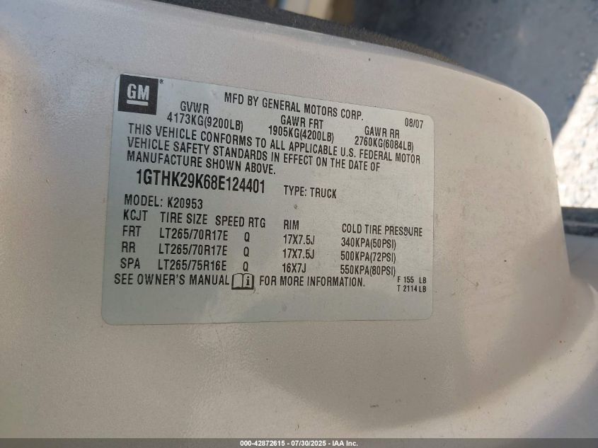 2008 GMC Sierra 2500Hd Sle1 VIN: 1GTHK29K68E124401 Lot: 42872615