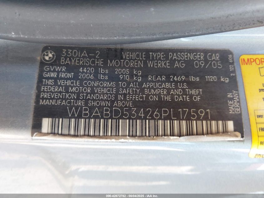 2006 BMW 330Ci VIN: WBABD53426PL17591 Lot: 42872782