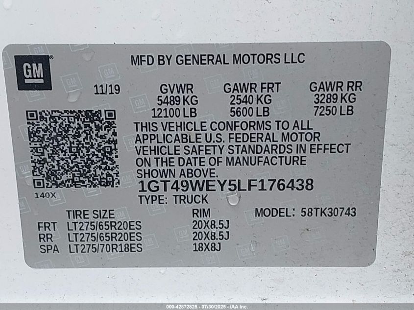 2020 GMC Sierra 3500Hd 4Wd Standard Bed Denali VIN: 1GT49WEY5LF176438 Lot: 42872825