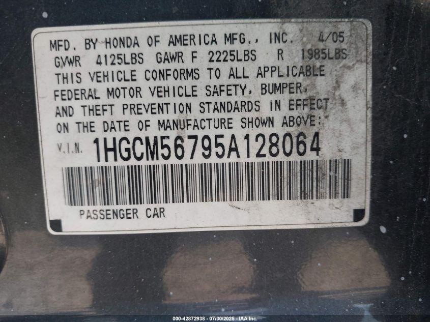 2005 Honda Accord 2.4 Ex VIN: 1HGCM56795A128064 Lot: 42872938