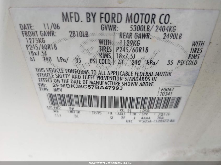 2007 Ford Edge Sel VIN: 2FMDK38C57BA47993 Lot: 42872977