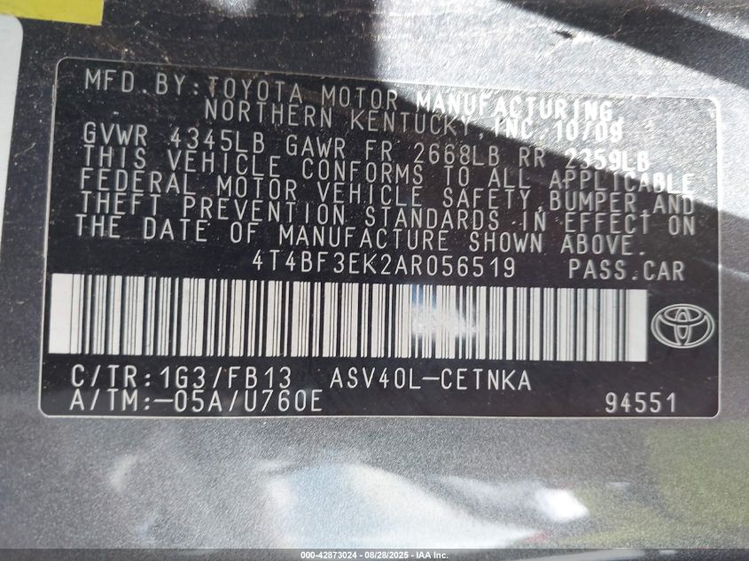 2010 Toyota Camry Le VIN: 4T4BF3EK2AR056519 Lot: 42873024