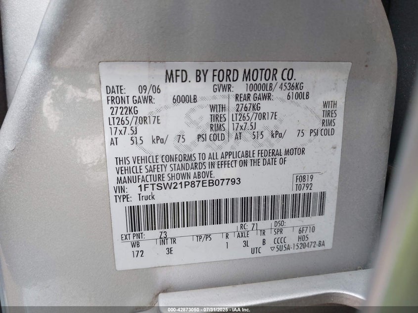 2007 Ford F-250 Lariat/Xl/Xlt VIN: 1FTSW21P87EB07793 Lot: 42873050