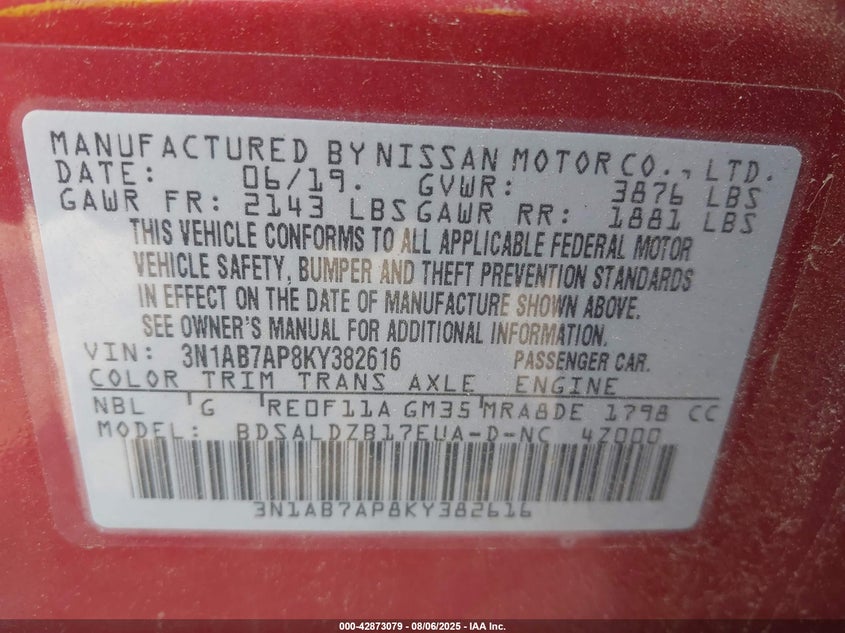 2019 NISSAN SENTRA SV - 3N1AB7AP8KY382616