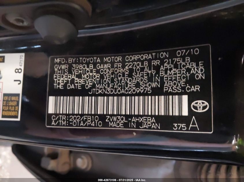 2010 Toyota Prius Iii VIN: JTDKN3DU0A0209975 Lot: 42873106