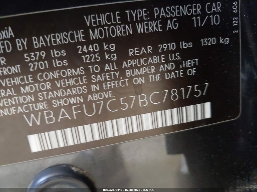 2011 BMW 535I xDrive VIN: WBAFU7C57BC781757 Lot: 42873110