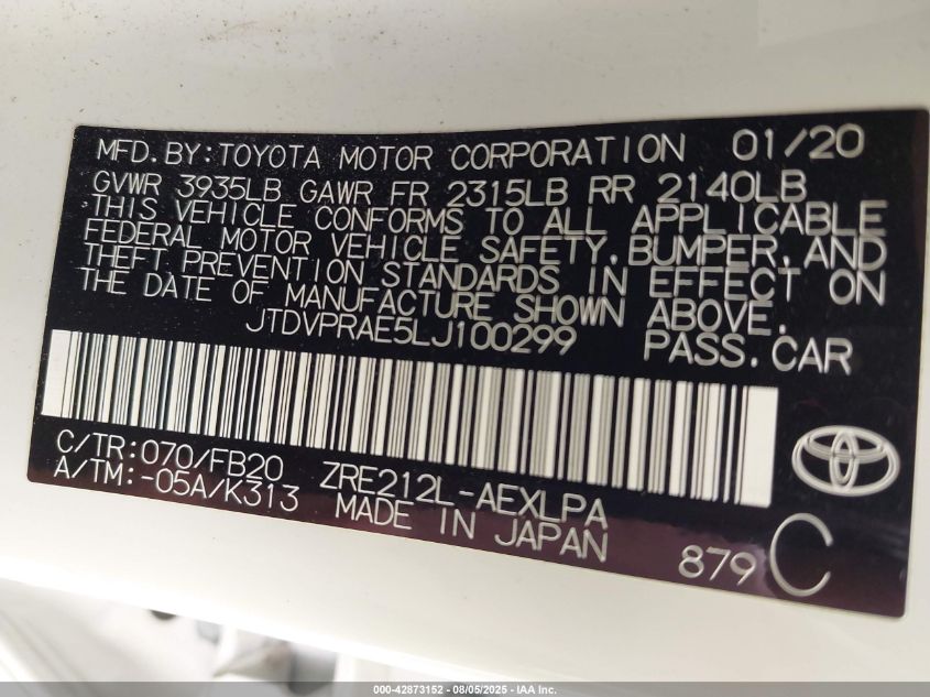 2020 Toyota Corolla Le VIN: JTDVPRAE5LJ100299 Lot: 42873152