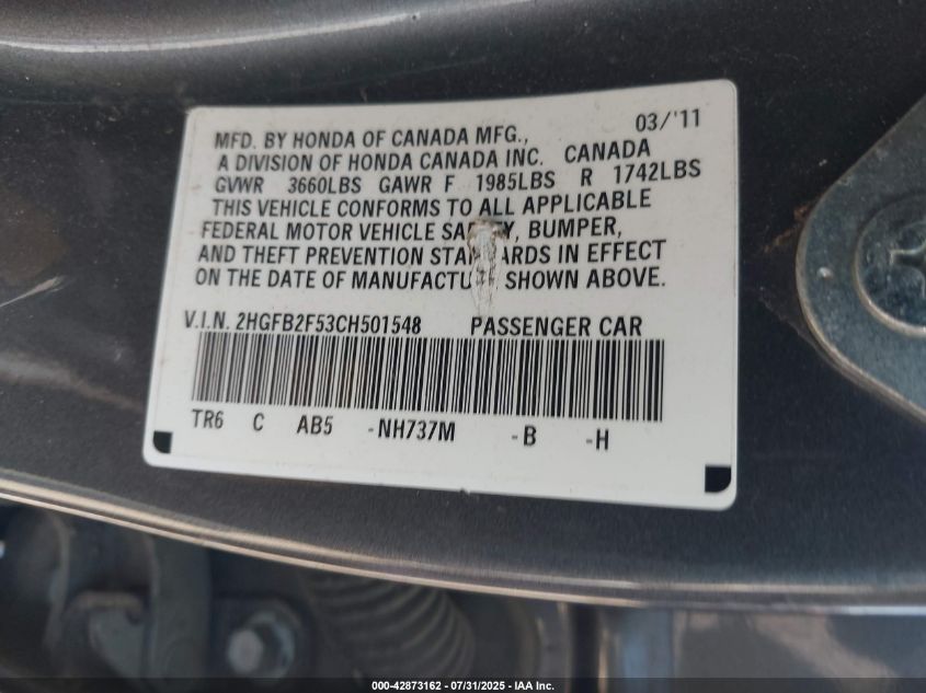 2012 Honda Civic Lx VIN: 2HGFB2F53CH501548 Lot: 42873162