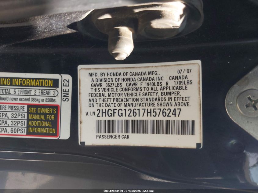 2007 Honda Civic Lx VIN: 2HGFG12617H576247 Lot: 42873169