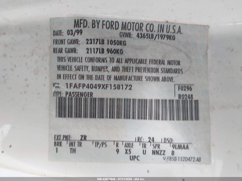 1999 Ford Mustang VIN: 1FAFP4049XF158172 Lot: 42873548
