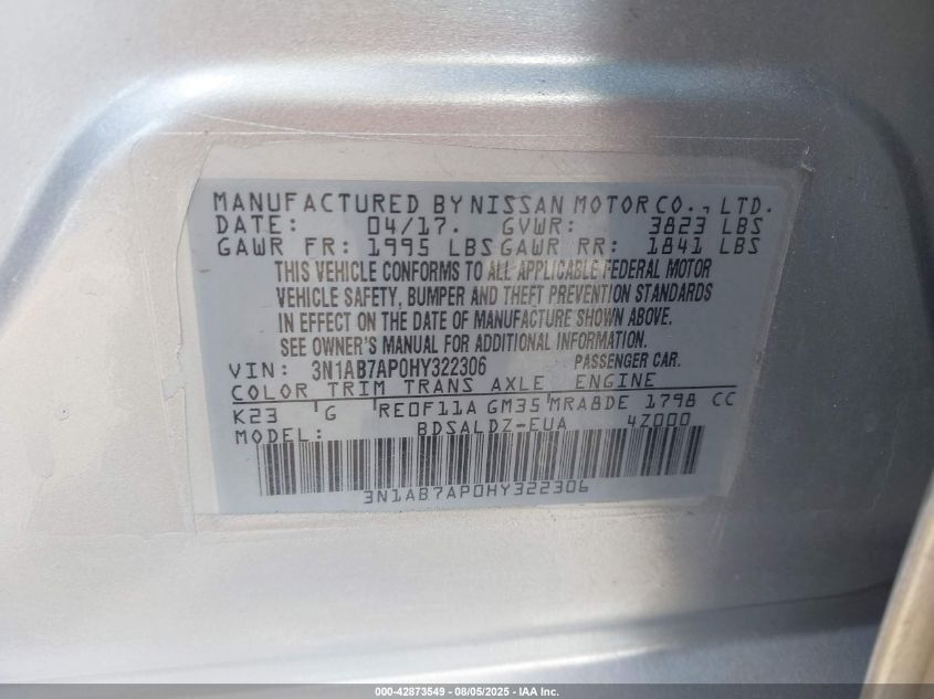 2017 Nissan Sentra Sv VIN: 3N1AB7AP0HY322306 Lot: 42873549