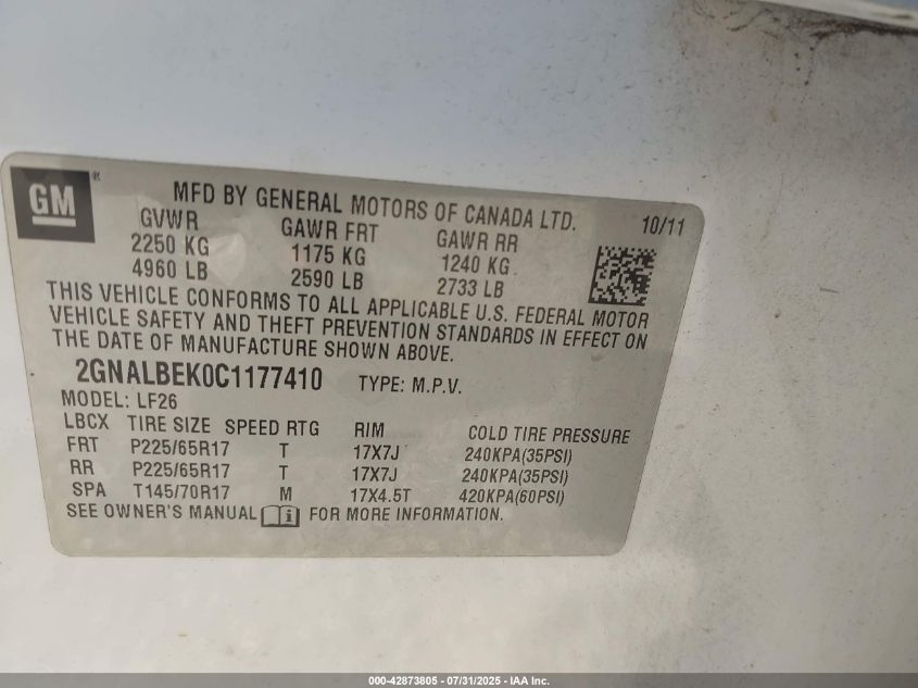 2012 Chevrolet Equinox Ls VIN: 2GNALBEK0C1177410 Lot: 42873805