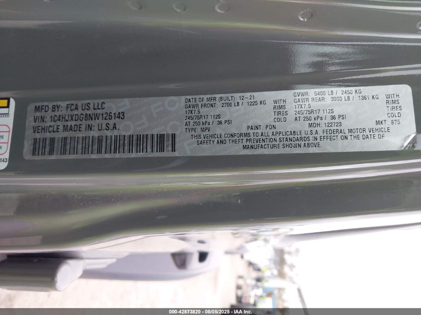 2022 Jeep Wrangler Unlimited Sport 4X4 VIN: 1C4HJXDG8NW126143 Lot: 42873820