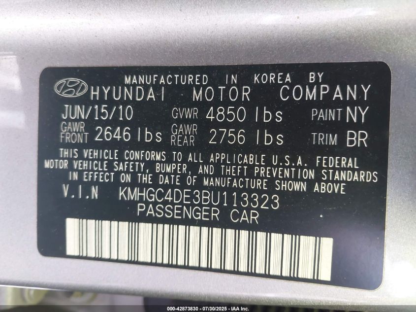 2011 Hyundai Genesis 3.8 VIN: KMHGC4DE3BU113323 Lot: 42873830