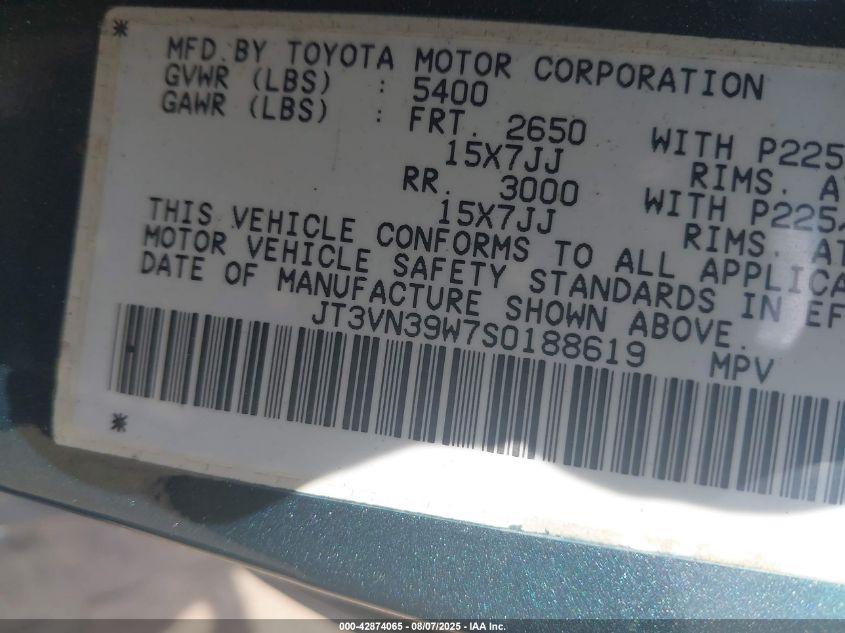 1995 Toyota 4Runner Vn39 Sr5 VIN: JT3VN39W7S0188619 Lot: 42874065