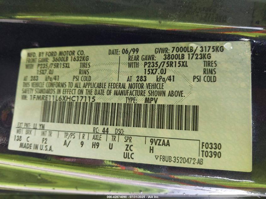1999 Ford E-150 VIN: 1FMRE11L6XHC17115 Lot: 42874090