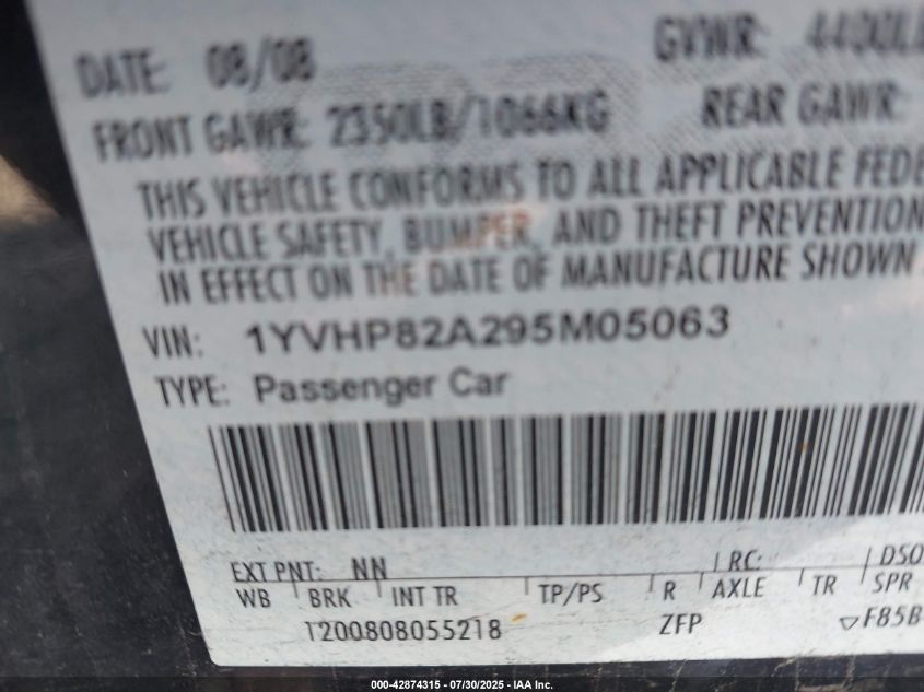 2009 Mazda Mazda6 I Grand Touring VIN: 1YVHP82A295M05063 Lot: 42874315