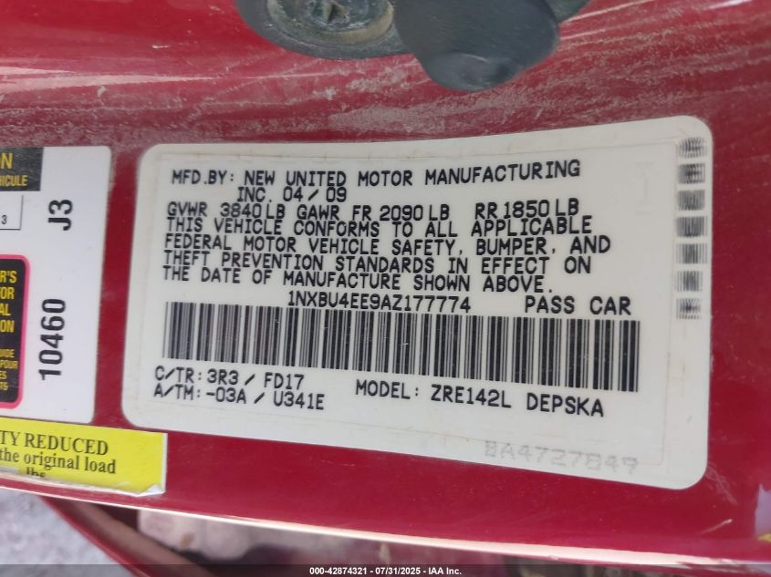 2010 Toyota Corolla S VIN: 1NXBU4EE9AZ177774 Lot: 42874321