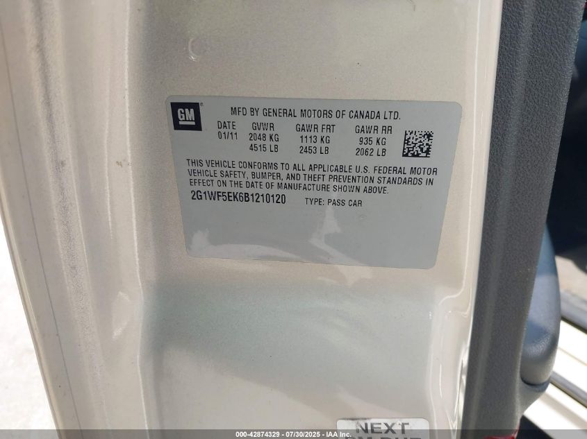 2011 Chevrolet Impala Ls VIN: 2G1WF5EK6B1210120 Lot: 42874329