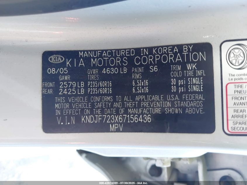 2006 Kia Sportage Ex V6/Lx V6 VIN: KNDJF723X67156436 Lot: 42874359