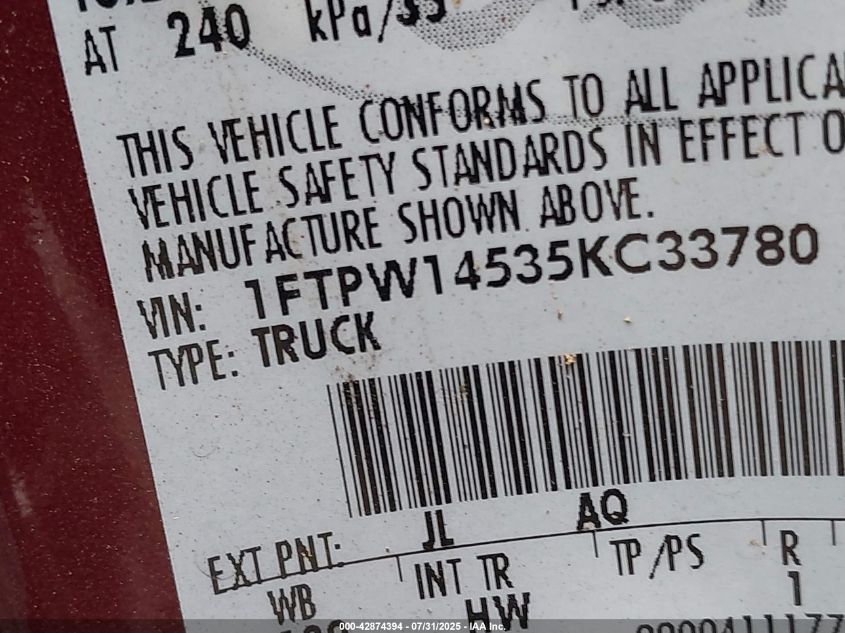 2005 Ford F-150 Fx4/Lariat/Xlt VIN: 1FTPW14535KC33780 Lot: 42874394