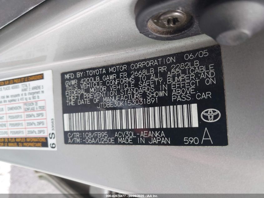 2005 Toyota Camry Le VIN: JTDBE30K153031891 Lot: 42874477