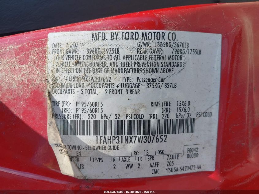 2007 Ford Focus S/Se/Ses VIN: 1FAHP31NX7W307652 Lot: 42874509