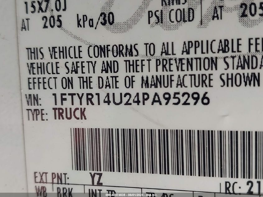 2004 Ford Ranger Edge/Tremor/Xl/Xlt VIN: 1FTYR14U24PA95296 Lot: 42874535