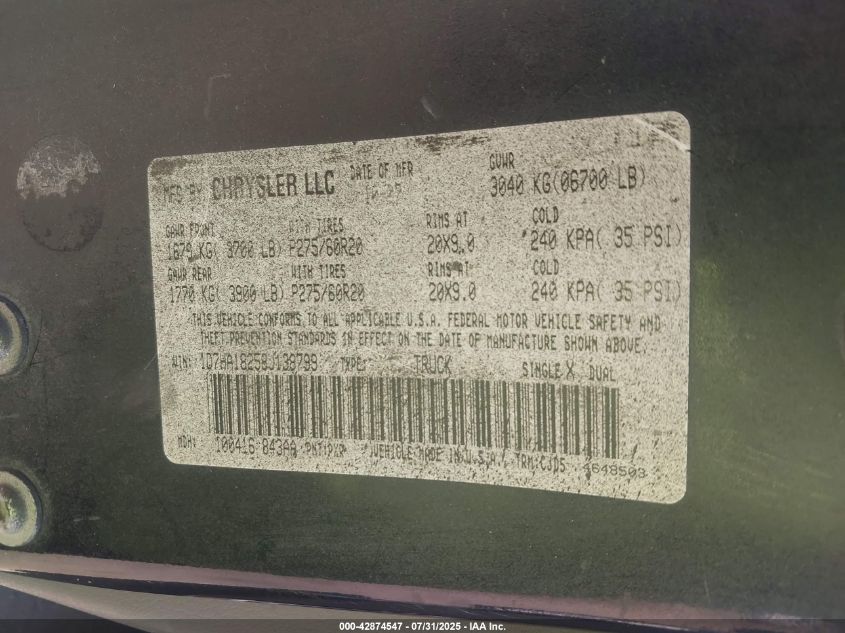 2008 Dodge Ram 1500 Slt VIN: 1D7HA18258J138799 Lot: 42874547