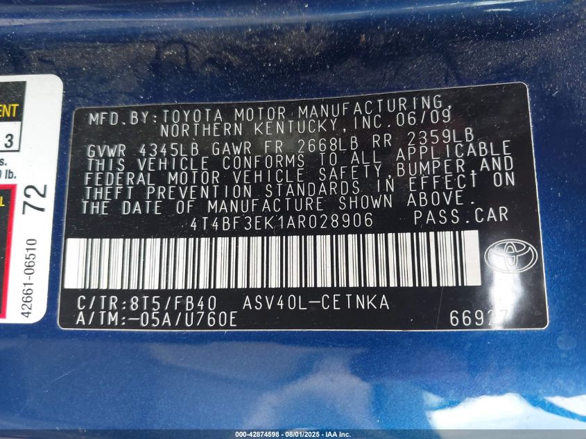 2010 Toyota Camry Le VIN: 4T4BF3EK1AR028906 Lot: 42874598