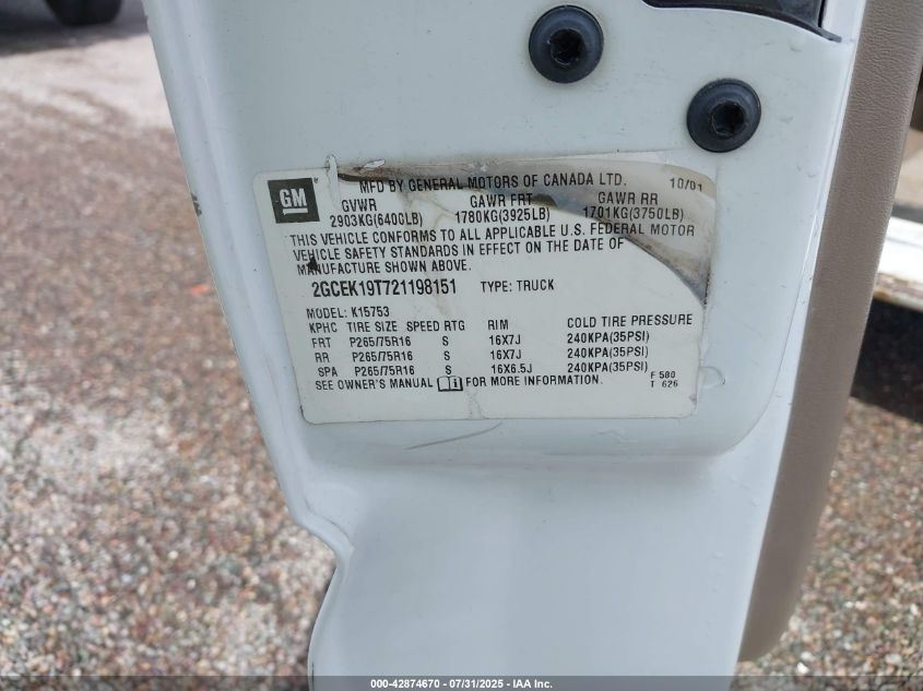 2002 Chevrolet Silverado 1500 Ls VIN: 2GCEK19T721198151 Lot: 42874670