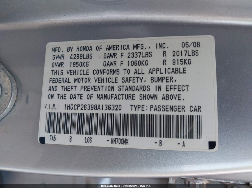 2008 Honda Accord 2.4 Lx VIN: 1HGCP26398A136320 Lot: 42874692